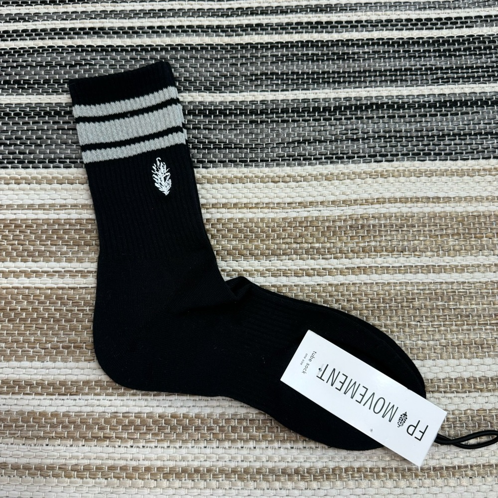 Free People Movement Logo Stripe Tube Socks Black Gray Crew Length One Size